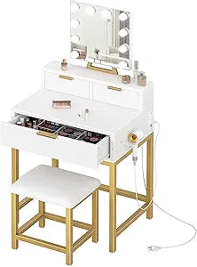 BOLUO Gold Makeup Vanity Desk with Hollywood Mirror and Lights, Girls Vanity Set with Stool, Compact Make Up Table with Drawers and Outlet for Bedroom Small Space