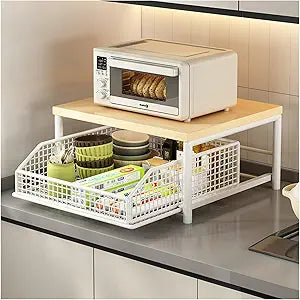 Kitchen Microwave Cart, Small Kitchen Shelf Microwave Stand with Bottom Storage Basket, No Wheels, Storage Microwave Shelf for Office, Living Room, Bedroom(White,S)