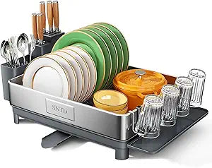 SNTD 304 Stainless Steel Dish Drying Rack for Kitchen Counter - Rust Resistant Dish Drainer with Angled Drainboard, Removable Cup & Utensil Holder, Large Capacity for Apartment & Small Space (Grey)