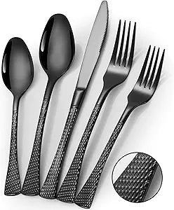 Lemeya Hammered Black Silverware Set,30 Piece Modern Flatware Set Service for 6,Mirror Polished Stainless Steel Cutlery Set Utensil Set Tableware Set,Kitchen Knives Forks Spoons Set,Dishwasher Safe