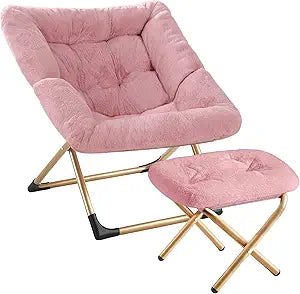 Youtanic Comfy Oversized Saucer Chair with Ottoman,Soft Faux Fur Reading Lounge Chair for Adults,Stable X-Large Metal Frame and Non-Slip Pad,Cozy Chair for Bedroom, Living Room, Dorm, Office, Pink