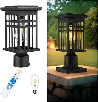 zeyu 12 Inch Solar Post Light, Modern Outdoor Solar Lamp Post Light for Patio with Remote Control, Die-Cast Aluminum with Clear Glass Shade, Black Finish, 20068-P SL BK