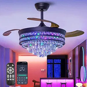 RGB Retractable Fandelier Ceiling Fans with Light and Remote/App, 42" Modern Crystal LED Chandelier Fan, Bladeless Lighting & Ceiling Fans Bedroom, Kitchen | Ventilador de Techo Con Luz, Black
