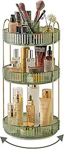 Asayuee 360 Rotating Makeup Organizer,3 Tier Large Capacity Make Up Organizers and Storage,Skincare Perfume Vanity Organizers,Bathroom Cosmetics Storage Organizer Countertop (Green)