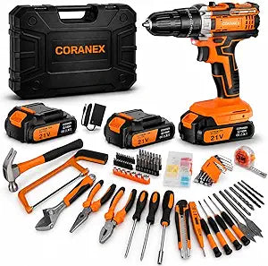 21V Cordless Drill Set with Toolbox | All-in-One Drill Tool Kit | 25+1 Torque, 2-Speed, 3/8" Keyless Chuck | 2 Batteries | Home Repair & DIY Kit