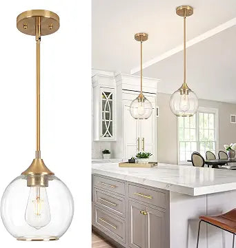 Pendant Lights Kitchen Island,Farmhouse Gold Pendant Light with Clear Glass Globe Shade,6.29" Glass Pendant Light for Finish Farmhouse Entryway Dining Room Kitchen Island 1Light