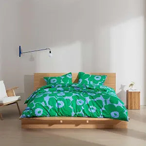 MARIMEKKO - King Comforter Set, 100% Cotton Bedding with a Naturally Soft Feel, Medium Weight for Year Round Comfort, 3 Piece Bed Set with Matching Pillowcases (Unikko Green/Blue)