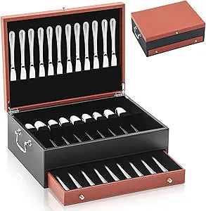 DoubleFill 2 Layer Leather Silverware Storage Box with Lid and Handles, Anti Tarnish Silverware Storage Chest Case with Felt-lined for 12-16 or More Sets of Utensils Flatware Gifts, 15.3x11.2x5.7 Inch
