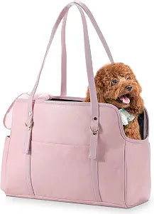 Lasaviin Dog Carrier Purse, Fashion Leather Pet Carrier with Pockets, Airline Approved Soft Sided Dog Carrying Bag for Puppy Cat Dog Pink
