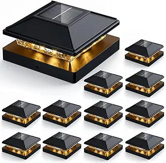 JOFIOS 12pack Post Cap Lights, 4x4 Deck Fence Solar Lights, Black, Waterproof, Modern Style, LED, Outdoor Post Lights for Vinyl/Wood Posts, Patio, Deck, Fence, Garden, Porch