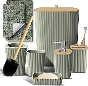 Clara Clark Bathroom Set - Sage Green Bathroom Accessories Set, 6PC Bathroom Accessory Set, Bathroom Sets with Bathroom Rugs, Toilet Brush, Trash Can & Soap Dispenser