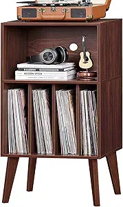 Lerliuo Record Player Stand, Walnut Turntable Stand Holds up to 160 Albums, Mid-Century Vinyl Storage Cabinet Table with Solid Wood Legs, Record Player Holder Dispaly Shelf for Bedroom Living Room
