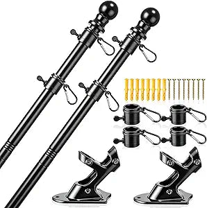 Jetec 2 Pack Flag Poles Kit Includes 2 Pcs 5ft Aluminum Flagpoles, 4 Ring Clips, 2 Flag Finials, 2 Mount Holder Bracket for Freedom 250 Outside House Yard Porch Outdoor, Fits 3x5 Flags