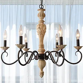 French Country Chandelier-Farmhouse Chandeliers for Dining Room 6 Lights Fixture Rust Imitation Wood Finish for Living Room, Bedroom, Kitchen, Stairway, Bathroom (Dia 23.3)