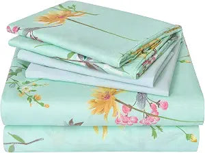 JSD 6 Piece Green Floral Printed Sheet Set Queen Size Deep Pocket