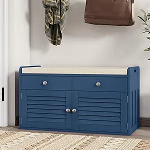 WARMHONIU Shoe Storage Bench with 2 Drawers, Entryway Bench with Cushion, Adjustable Shelves, Shoe Rack Bench with Louvered Doors for Entryway, Bedroom, Hallway, Blue