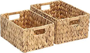 FairyHaus Wicker Baskets 15x11x7 & 13.4x9.5x6.5, 2 Pack Handmade Big Wicker Storage Basket with Handles, Natural Water Hyacinth Wicker Baskets for Storage Shelves Organizing, Rectangle Wicker Basket