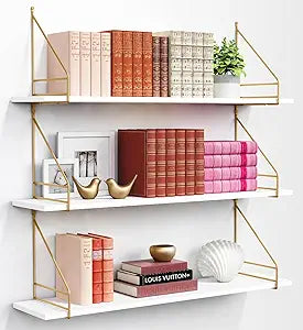 Harwaya White and Gold Floating Shelves 36 Inch Long, Wall Shelves for Bedroom Books, Modern Wall Hanging Bookshelf Unit for Living Room Office Kitchen Bathroom Decor - Set of 3