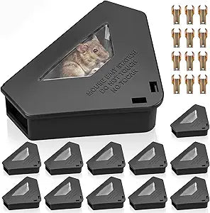 12 Pack Mouse Bait Stations with Visible Window & Keys, Lockable Rodent Control Boxes Triangular Mice Traps Box for Indoor Outdoor Corners Garage Kitchen, Bait Not Included (Black)