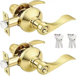 Probrico Door Handles Polished Brass, Front Exterior Door Handles with Lock and Keys, Keyed Alike Entry Door Lever Wave Style Reversible, 2 Pack