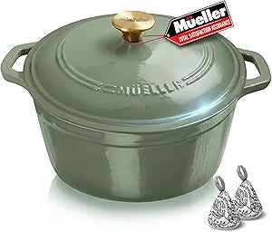 MUELLER HOME 6 Quart Enameled Cast Iron Dutch Oven For Sourdough Bread Baking, Heavy-Duty, Oven-Safe up to 500 F & Across All Cooktops, Casserole Dishes, Green Kitchen Accessories, Thyme Green