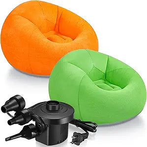 Realspring 2 Pcs Inflatable Bean Bag Chairs with Electric Air Pump Blow up Chair Inflatable Lazy Sofa Folding Portable Loungers Couch for Indoor Outdoor Movie Camping(Orange, Green)