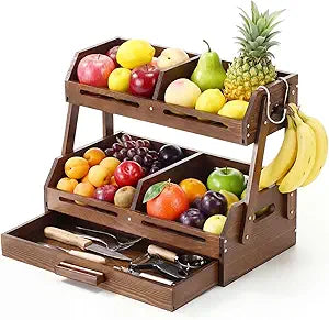 2 Tier Pine Wood Fruit Basket with Drawer Wooden Fruit Bowl for Kitchen Counter Produce Storage Organizer for Vegetables Bread Snacks Home Countertop Food Holder