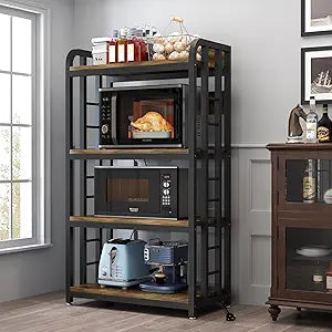 SIREDEEP Bakers Rack with Power Outlet 4-Tier Kitchen Baker's Rack,Microwave Stand with Storage Suitable for Kitchen, Living Room, Dinning RoomCoffee Bar(Rustic Brown)