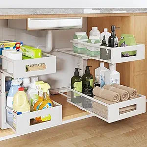 Under Sink Organizer, 2-Tier Dual Pull Out Cabinet Organizer Drawers With Smooth Circular Rail, Large Capacity Metal Mesh Sliding Shelves For Bathroom& Kitchen Storage,Height AdjustableWhite,2 Packs