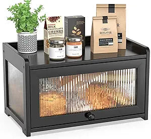 BAMBANG Bamboo Bread Box for Kitchen Countertop, Extra Large Farmhouse Bread Box with 4-Side Clear Panels, Wooden Bread Storage Container for Homemade Bread, Black
