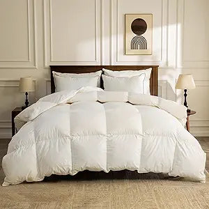 BPC Lightweight Organic Feather Down Comforter Super King, Hotel-Luxury Fluffy Duvet Insert with Cotton Cover and Puffy Feather Down Filling, for Summer/Hot Sleepers, Ivory White, 120x120 Inches