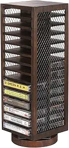 FARM IN Cassette Tape Storage, 360-Degree Rotatable Design Farmhouse Style Cassette Rack Tower, Double-Sided 28-Slot, Rustic Solid Burnt Wood & Diamond Metal Wire Mesh