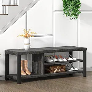 FOLUBAN Entryway Bench with Shoe Storage, Vintage End of Bed Bench, Rustic Wooden Entry Bench for Hallway Front Door Entrance, Industrial Indoor Bench for Bedroom Living Room, Dark Gray, 47 Inch