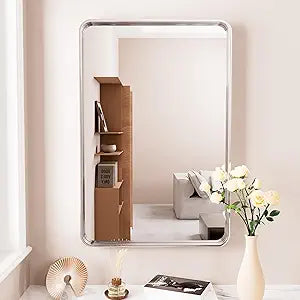 JISOSO 24x36 Inch Brushed Nickel Bathroom Mirror, Brushed Silver Metal Frame Mirror Wall Mounted, Rounded Rectangle Bathroom Vanity Mirror, Tempered Glass, Anti-Rust, Horizontal/Vertical