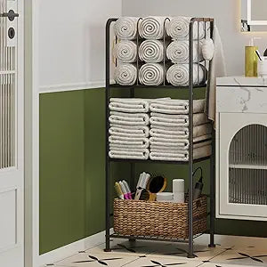 Towel Racks for Bathroom 3-Tier, Durable Metal Towel Rack Stand, Pool Items Holder, M-Shaped Detachable Dividers for Towel Storage, Space-Saving Storage Organizer Black, Patent Pending