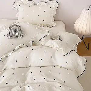 Duvet Cover Queen Size Polka Dot Beige 3 Pcs(1 Duvet Cover with 2 Pillowcases),Soft Washed All Seasons Comforter Covers with Ruffles,Cute Queen Bedding Set for Teen Girls 90"90"