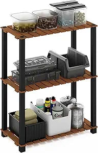 Furinno Pangkor 3-Tier Turn-N-Tube Indoor Outdoor Plant Shelf Wood Stand with Square Poles, Natural/Black