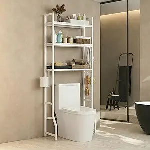 Over the Toilet Organizer White Over the Toilet Shelf with Paper Holder and 3 Hooks 3 Tier Over the Toilet Storage Rack for Restroom, Laundry Bathroom Over the Toilet Cabinet for Small Space