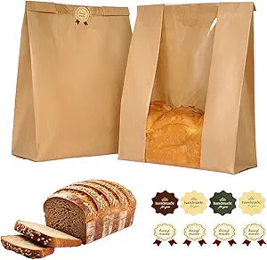 Funcoo Sourdough Bread Bags, 200 Pcs Paper Bread Bags for Homemade Sourdough, Bakery Storage Bag with Window, Large Bakery Loaf Bag for Baked Goods Packaging, Label Seal Sticker Included (200)