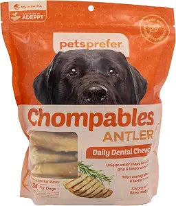 PetsPrefer Chompables Daily Dental Chews for Medium to Large Dogs, Antler-Shaped Treats that Support Oral Hygiene and Freshen Breath, Vet-Inspired Oral Care Chews, Chicken Flavor 24-Pack