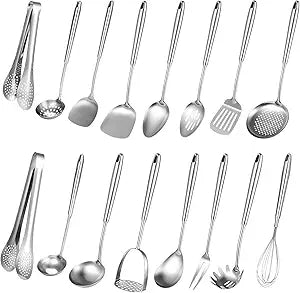 16-Piece Stainless Steel Cooking Utensils Set, One-Piece Professional Kitchen Tools with Comfortable Handles, Integrated Hanging Storage Holes, for Skillet, Wok, and Pots