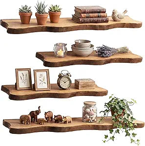 Pinkunn 4 Pcs Floating Shelves for Wall Wooden Live Edge Shelf Wall-Mounted Natural Solid Wood Bedroom Kitchen Storage Living Room Nursery Decor (23.62/35.43 Inch)