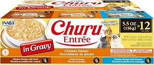 INABA Churu Entre in Gravy for Cats, High Protein & Moisture, Prebiotic Wet Cat Food, 5.5oz. Can, 12 Cans Total, Chicken Variety