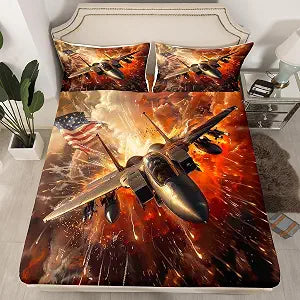 Fighter Plane Bedding Set Twin Size War Theme Airplane Aviation Chic Bed Set for Teens Kids Sheet Modern American Flag Aircraft 3D Flame Print Bed Cover(1 Fitted Sheet+1 Pillow Case)