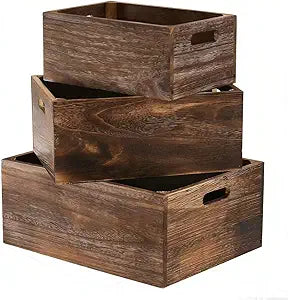 Decorative Wooden Crates for Storage Set of 3, Rustic Handmade Wood Nesting Crates with Cutout Handles, Vintage Farmhouse Decor Natural Solid Wood Display Boxes for Living Room Bedroom Kitchen