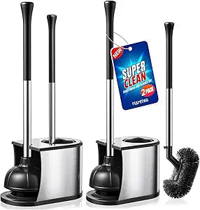 HAMITOR Toilet Plunger and Brush Set: 2 in 1 Stainless Steel Bowl Brush with Holder, Deep-Cleaning Curved Bristles and Heavy Duty Unclogger, Compact Design for Household & Hotel, Silver, 2-Pack