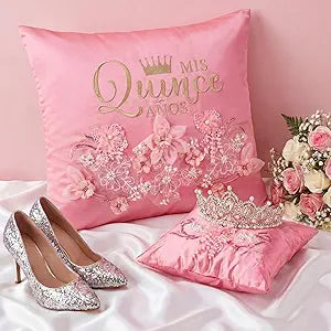 Mixweer 2 Sets/ 4 Pcs Cojines Pink Quinceaera Pillow Set 2 Pcs Quinceaera Embroidered Pillow Decorative with 2 Covers Cojines para 15 Aos De Quinceaera Wedding Decorations Mis Gifts
