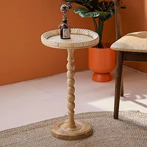 Drink TableRattan Round Small Side Table for Small Spaces, Boho Circle End Table Coffee Table with Solid Wood Leg for Living Room, Pedestal Table for Bedroom, Corners