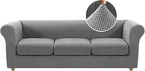 H.VERSAILTEX 4 Piece Stretch Chesterfield Couch Covers for 3 Cushion Couch Sofa Mid Century Deep Seat Sofa Covers (Base Cover Plus 3 Seat Cushion Covers) Thicker Jacquard Fabric (Large Sofa, Dove)