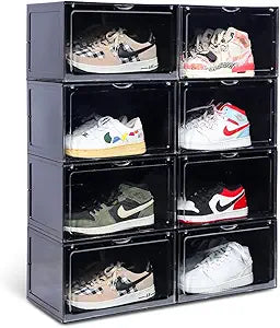 XL clear shoe storage boxes stackable, 8 Pack Large Shoe Boxes Clear Plastic Stackable, Drop side Sneaker Container Fit Size 13 (Black 8 Pack)